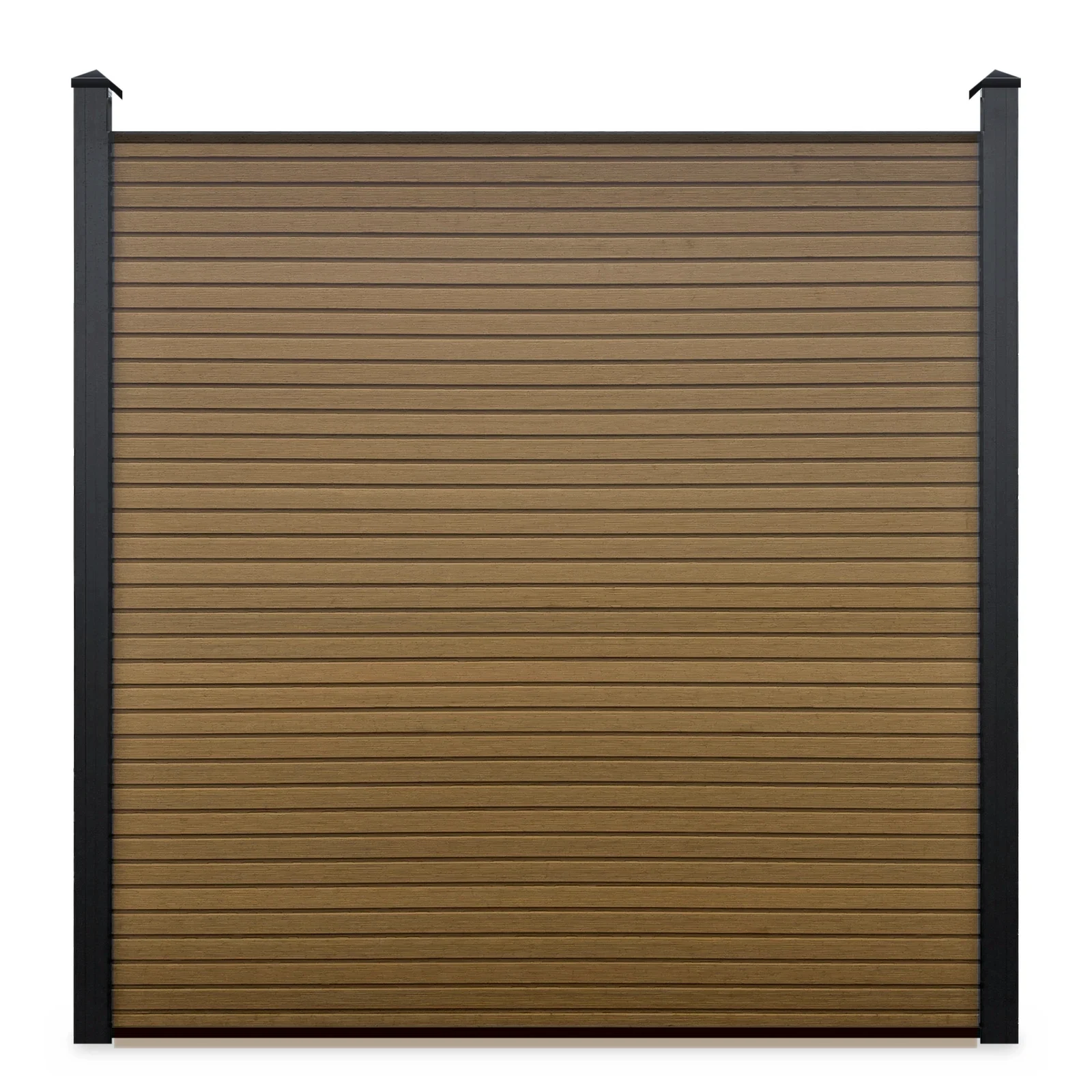 Nordvesta Linear WPC-composiet schutting in Golden Teak met zwarte aluminium palen